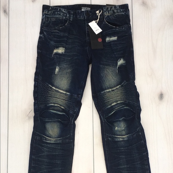 Smoke Rise Distressed Wash Slim Fit Biker Jeans - Picture 2 of 8